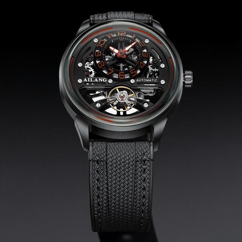 AILANG Black Tourbillon Mechanical Men's Watch Skeleton Automatic Watch For Men Waterproof Male Hand Clock
