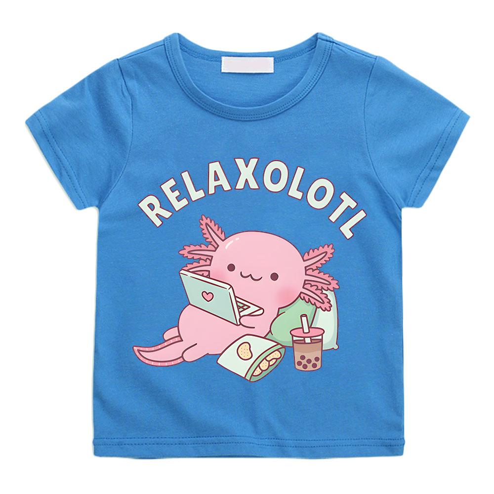 Niedliches Entspann dich viel Axolotl Kinder T-Shirt Cartoon Lustiger Wortspiel Grafik Kleidung für Jungen/Mädchen Baumwolle Kurzarm Kinder Sommer Tops T-Shirts