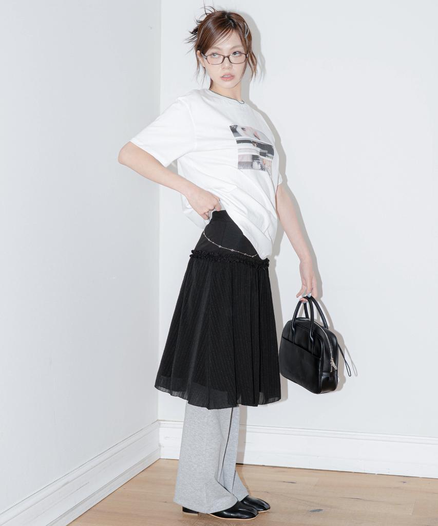 Dilleiopeu Lace-Point Layered Half-Banding Midi Skirt [Black]