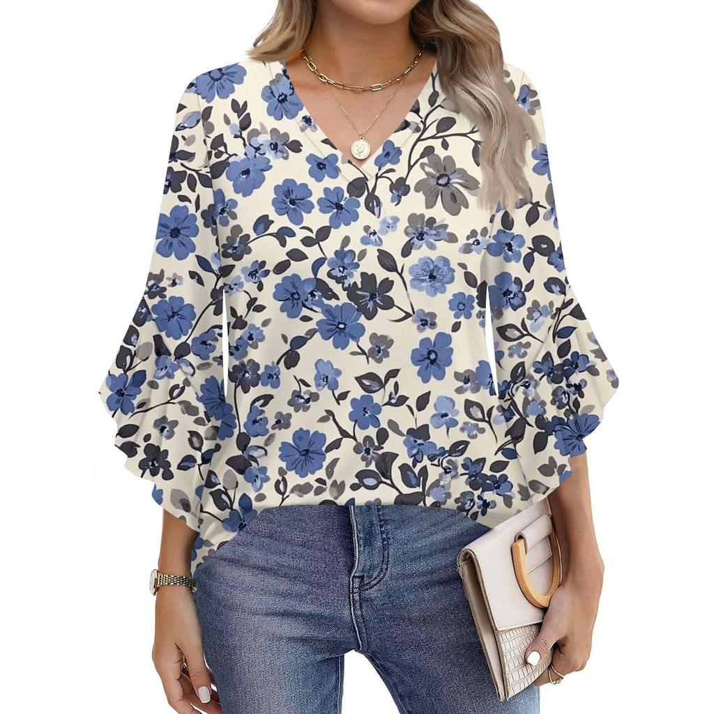 Blouses For Women Dressy Casual 3/4 Length Sleeve Womens Tops V Neck Tshirts Shirts With Flared Sleeve