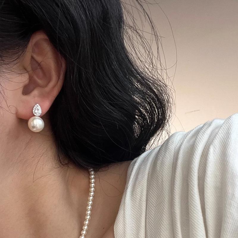 Full Diamond Drop Pearl Earrings Zirconia Inlaid Design Light Luxury Senior Sense Women's Gentle Temperament Ear Jewelry