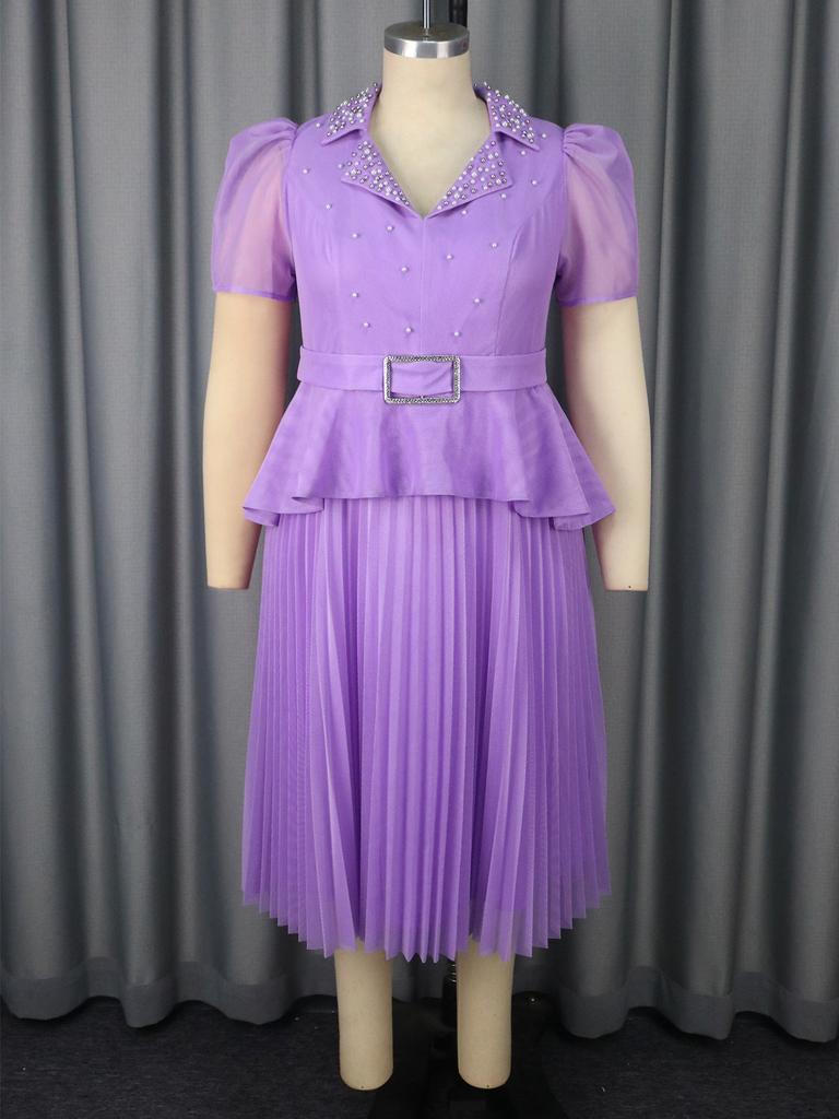 Lavender Elegant Women Pleated Midi Dress with Sashes Turn-Down Collar Beading Knee-Length A Line for Party Formal Gathering