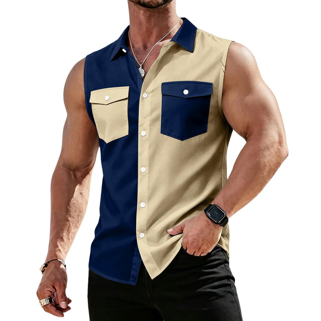 Men's Workwear Lapel Button-Down Vest Shirt - Lightweight Sleeveless Top
