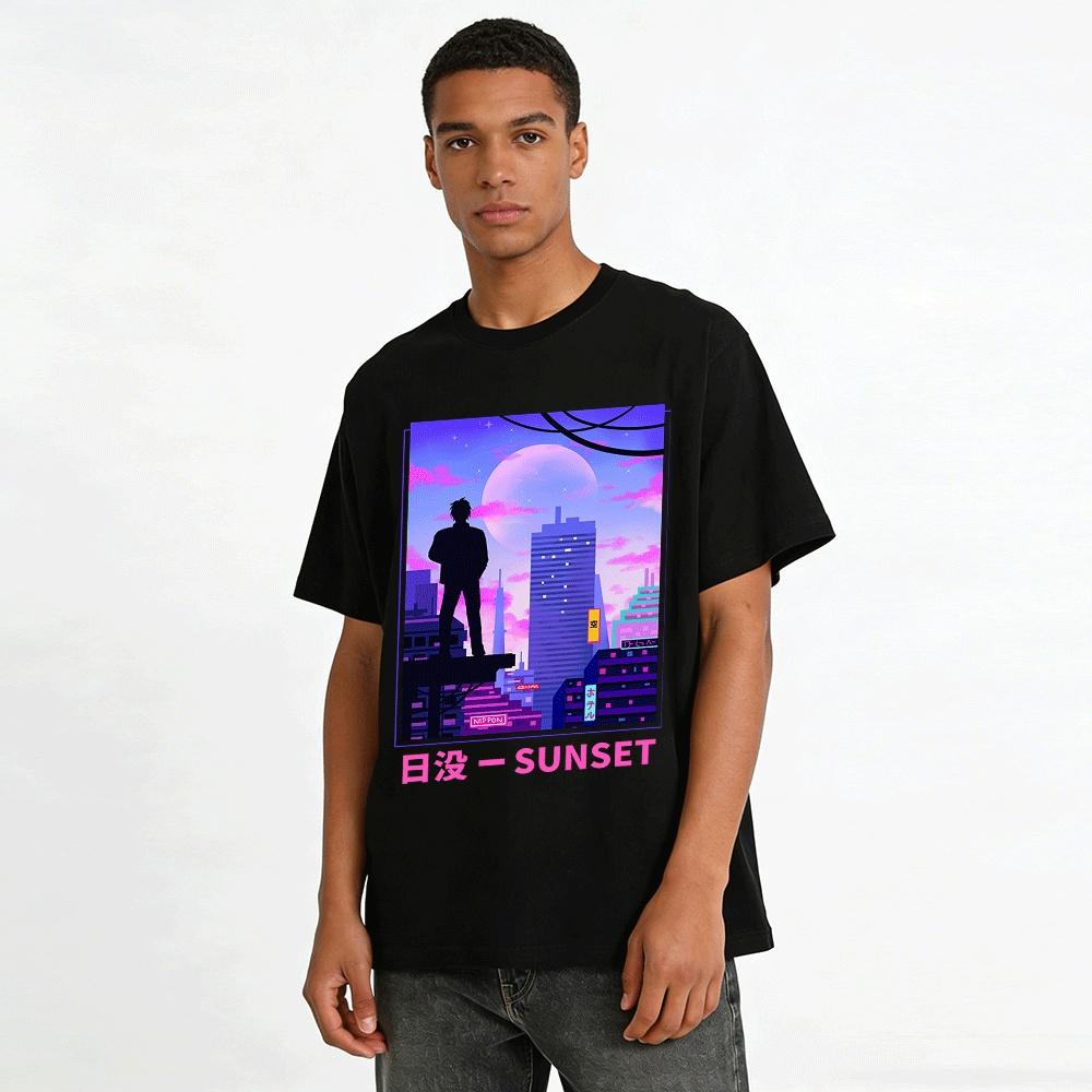 Cyberpunk Sunset City Silhouette Japanese Style Casual Tee Pure cotton T-shirt