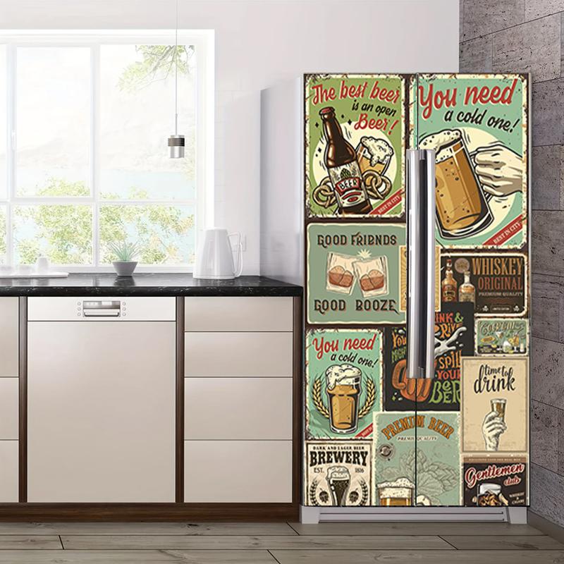 2PCS Imitation Leather Surface Vintage Refrigerator Decoration Retro Poster Collage Design 28.6x163cm