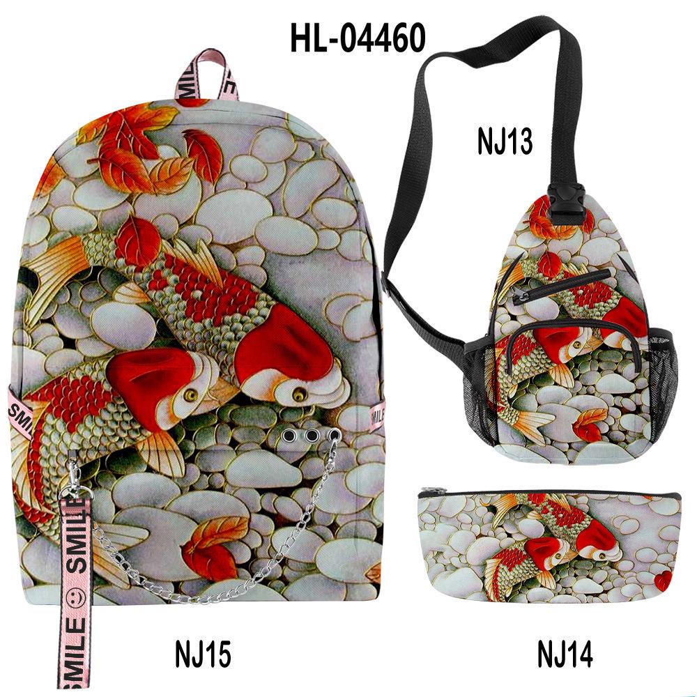Classico Novità Divertente Cool Carpa Dorata Stampa 3D Set da 3pz Zaini Scolastici multifunzione Zaino da Viaggio Borsa a Petto Astuccio