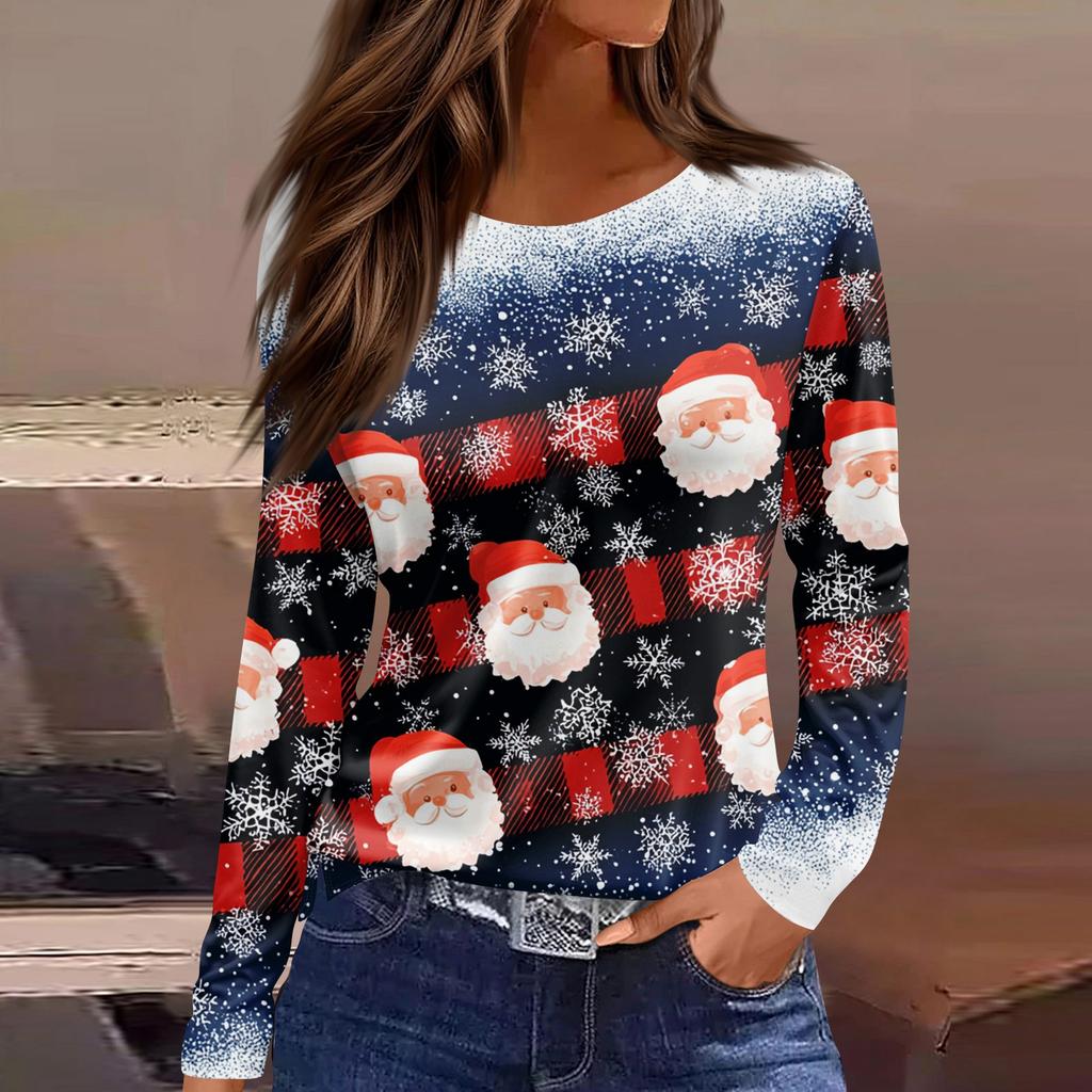 Women's 3D Gradient Striped Santa Claus Head Print Round Neck Long-sleeved T-shirt Top