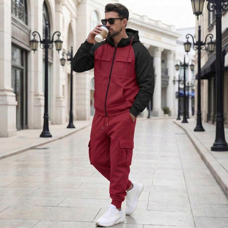 Herren Freizeit Color Block Reißverschluss Hoodie Cargo Jogginghose Trainingsanzug Set