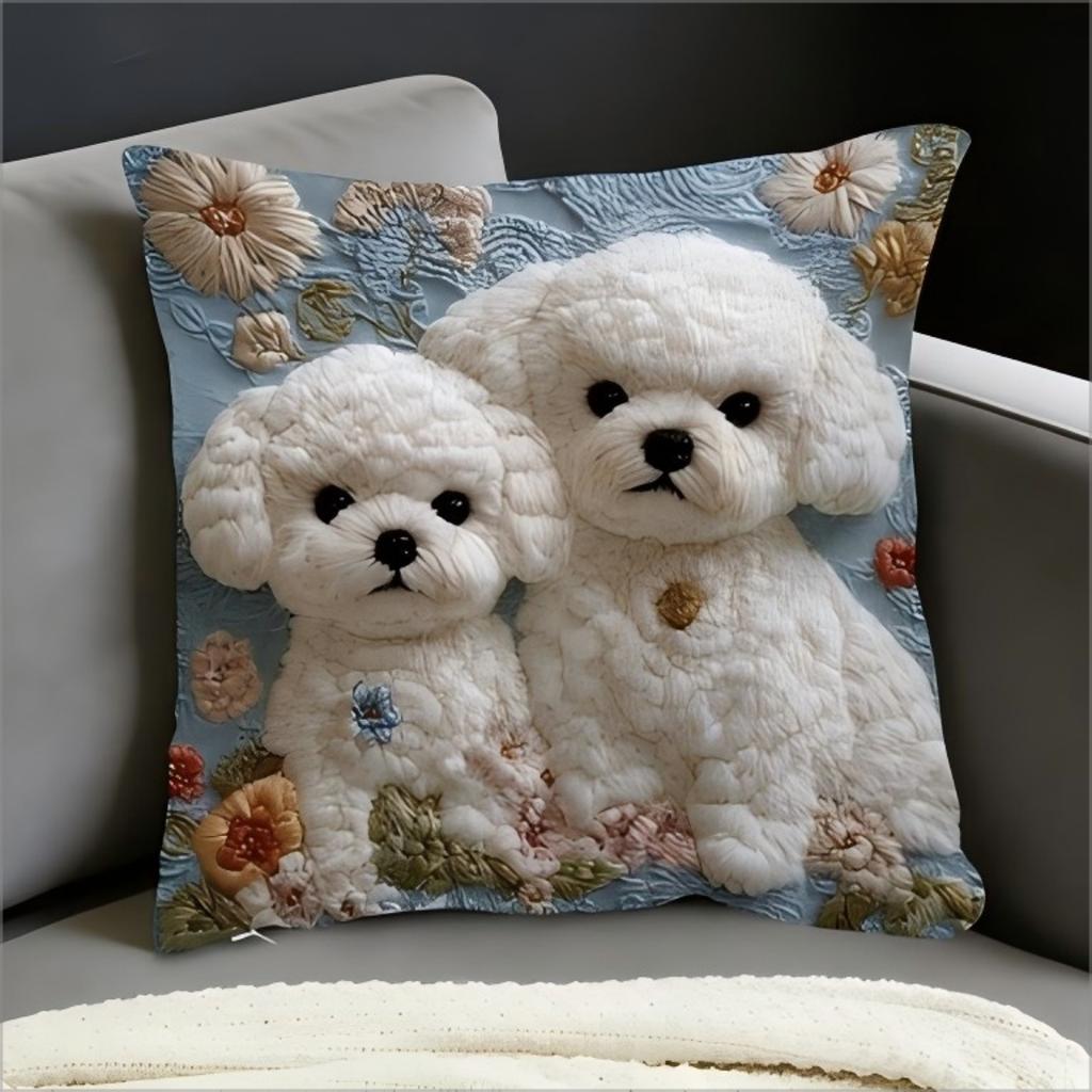 2D Bichon Frise Pillow Cover Cute Puppy Floral Print Cushion Case For Sofa Couch Cozy Pet Home Decor Dog Lover Gift
