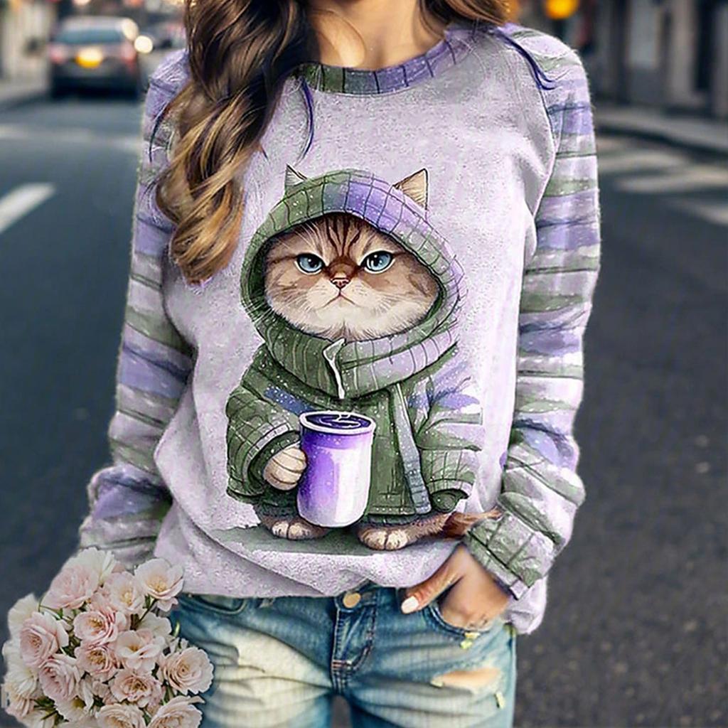 Women's Crew Neck Striped Cat Raglan Long Sleeve Graphic Print Pullover Casual V Neck Womens Tees Pack Womens Dress Shirt Button
