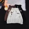 Unisex Hooded Zip-Up Sweatshirt With Cross Flock Embroidery Oversized Warm Fleece Lined Pullover Winter Casual Wear