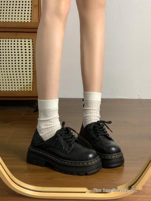 Women's Black Leather Lace-Up Round Toe Loafers - Thick Sole, Height Increasing, British Style (2025 Spring/Autumn/Winter)