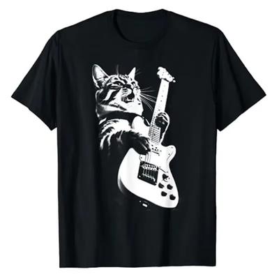Gato Engraçado Guitarra Rock Humorístico Amante de Gatos Gatinho Tocando Guitarra Camiseta Estampa Gráfica Fofa Musical Rock Quadrinhos Roupa de Gatinho Presente