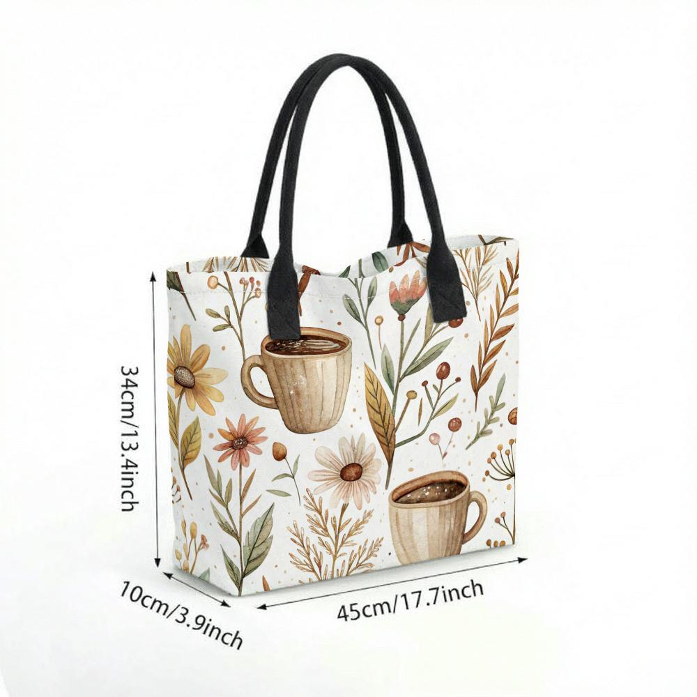 Boho Floral Coffee Print Canvas Tote Bag Casual Daily Shoulder Handbag for Shopping Travel