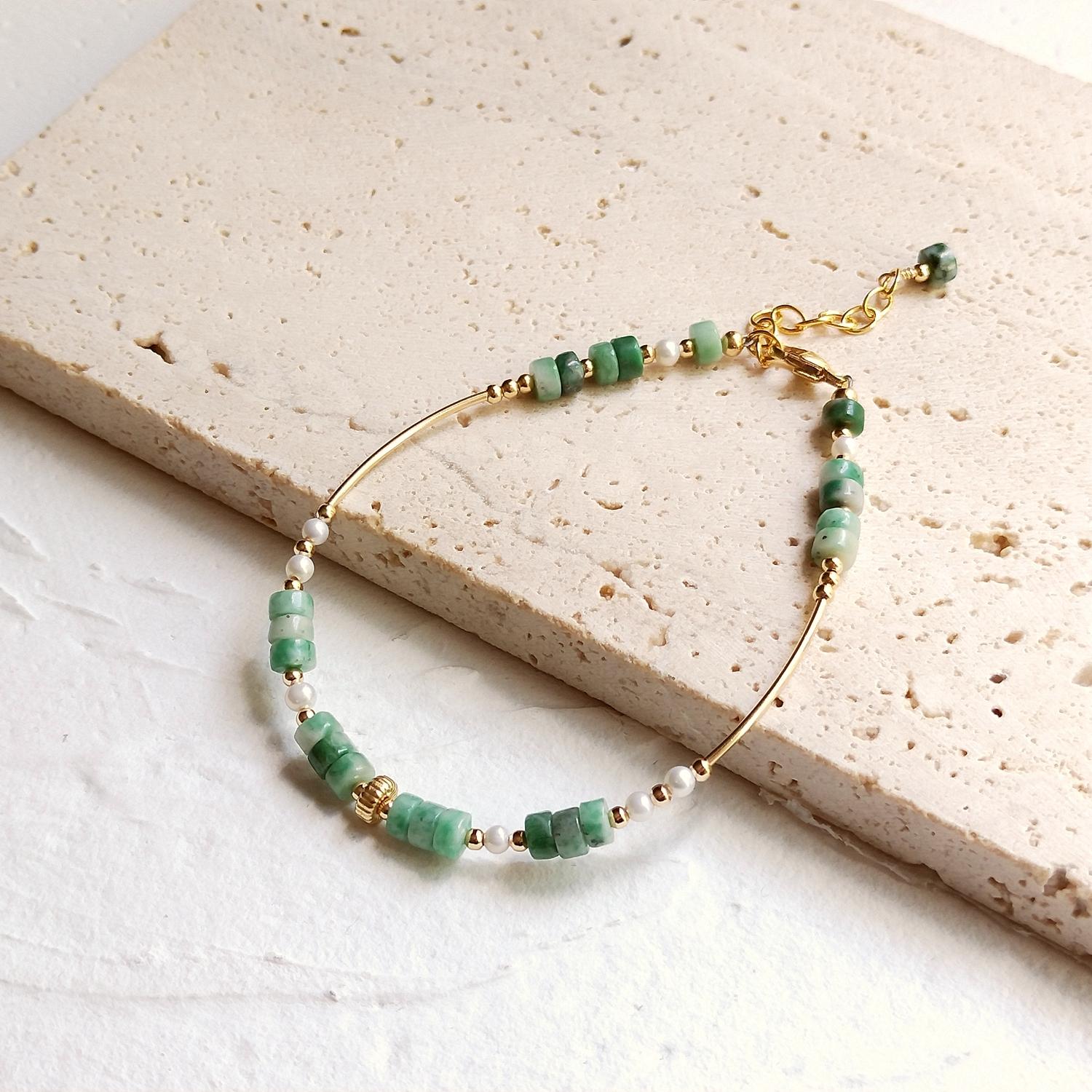 

Бирманский нефрит крошечный жемчуг / кристалл 14k позолоченный браслет 17 +3 см натуральный драгоценный камень ручная работа изящные ювелирные изделия для женщин подарок 17 add 3cm