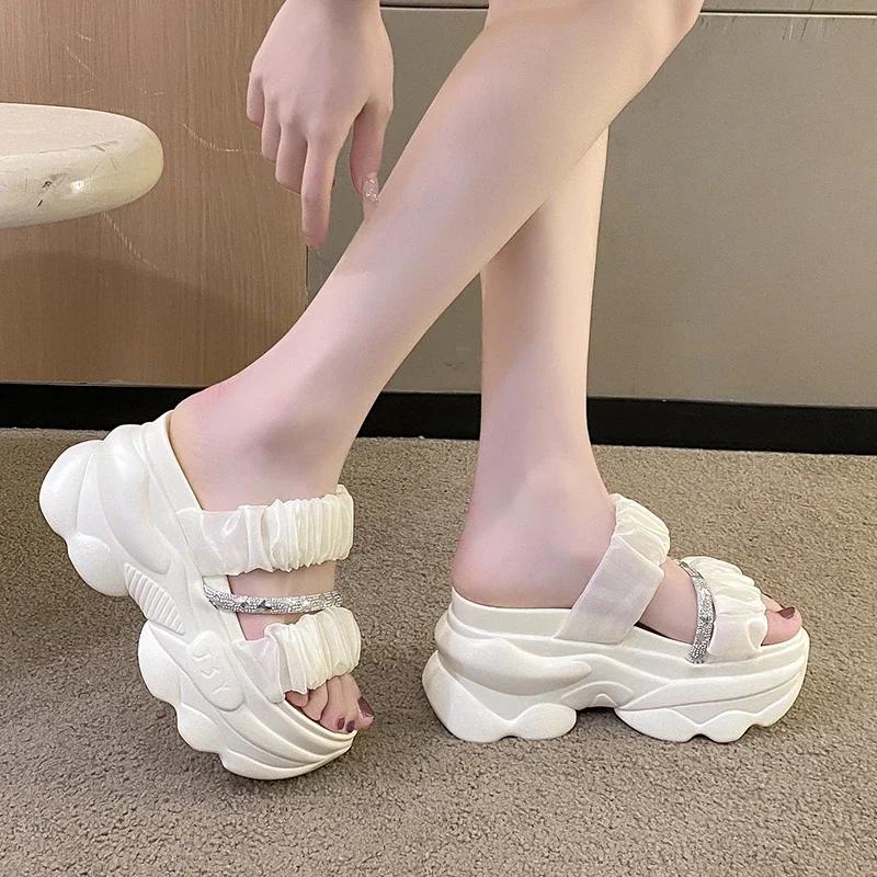 Fashion 9CM Women's Summer Chunky Slippers Fashion Thick-Bottom Sandals Bling Wedge Heels Flip Flops High Platform Beach Slides Zapatos