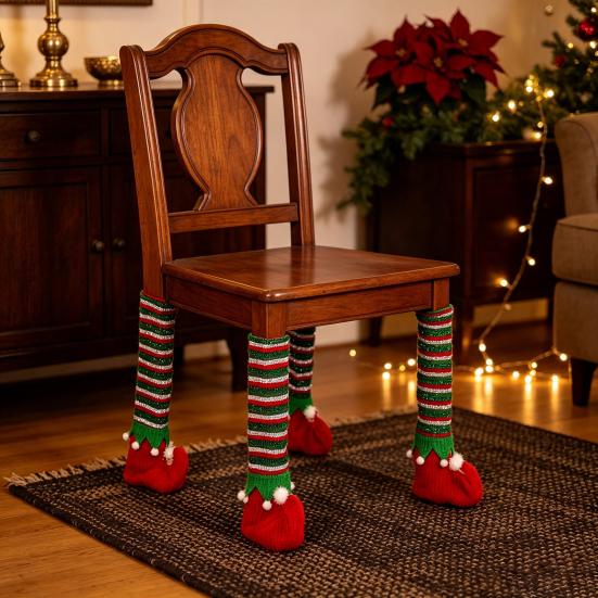 Elastic Felt Pads for Chairs 4 Pcs Christmas Table Chair Leg Covers, Striped Elf Furniture Protectors Scratch Prevention Socks, Floor