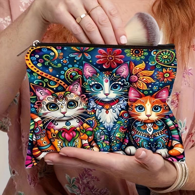 Bohemian Cat & Floral Makeup Bag with Safety Zipper Lightweight Multi-Functional Travel Cosmetic Organizer for Women Makeup Travel Bag