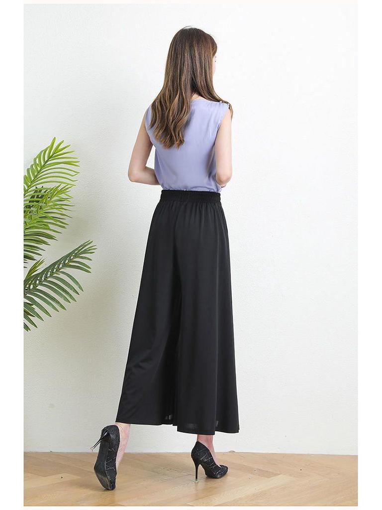 Mom's Summer Plus Size Ice Silk Wide Leg Skirt Pants - Elastic Waist Nine-Point Casual Pants for Women
