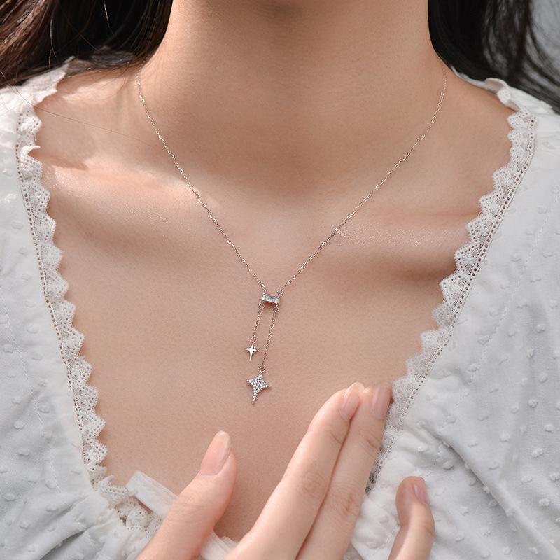 

Zircon Cross Tetragonal Star Necklace Female Sweet Cool Hot Girl Light Luxury Double Chain Size Star Collarbone Chain Copper