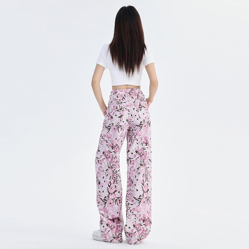 Retro Floral Print Trendy Loose Straight Wide-leg Jeans for Women In Autumn Casual Pants for Women In Autumn High Waist Slimming