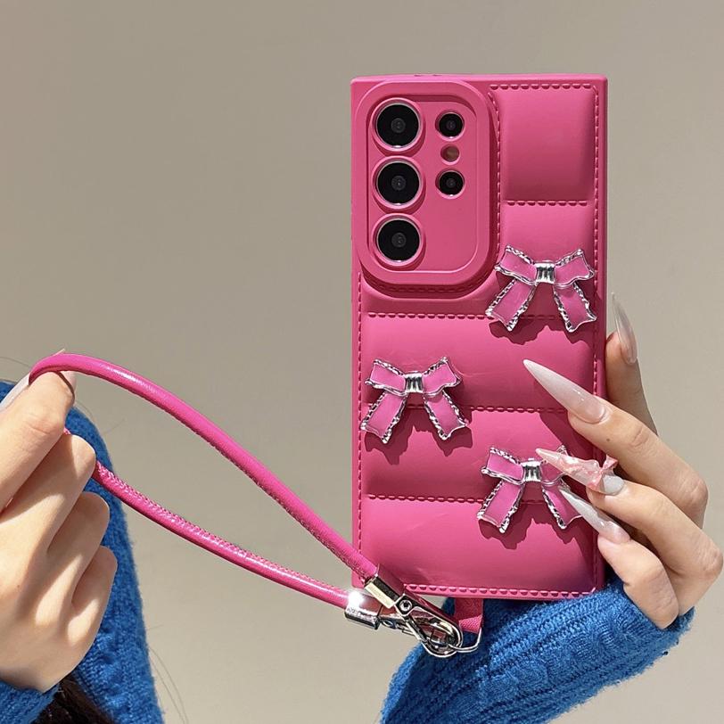 

Cute Bowknot Down Jacket Lanyard Case for Samsung Galaxy S25 S24 S23 S26 Ultra S22 Plus S21 FE A55 A35 A15 A16 Wrist Strap Cover A15