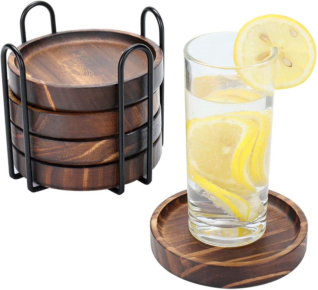 Yangbaga 5-Piece Wooden Coaster Set with Storage Holder, 3D Coasters, Heat-Insulating Pads for Tea, Cafes, and Guests