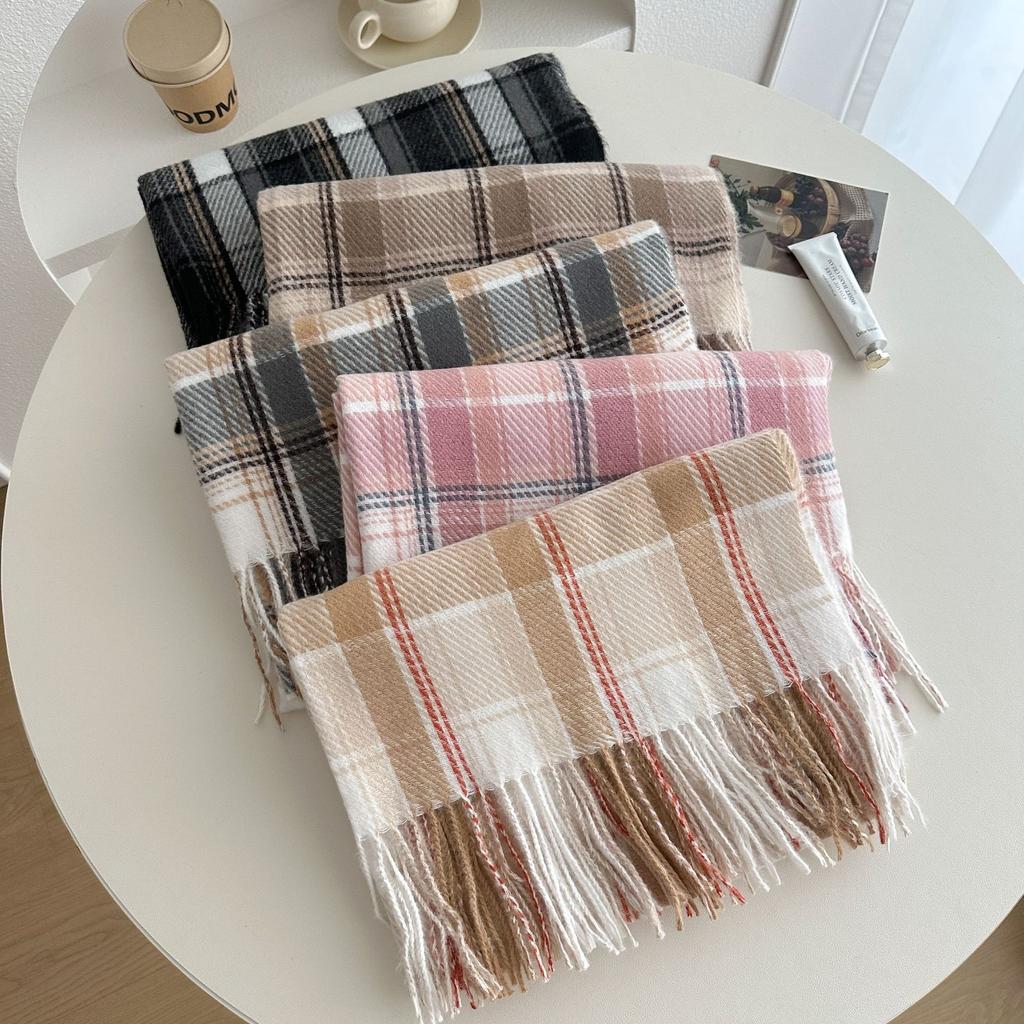 Autumn and Winter Atmosphere Pink Dotted Line Plaid Scarf Versatile Couple Milk Huhu Fringed Scarf Female Students Keep Warm