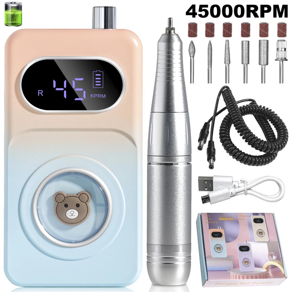 45000RPM Electric Nail File Professional Nail Gel Polishing Machine Nail File Low Noise Rechargeable Nail Drill Salon Tools