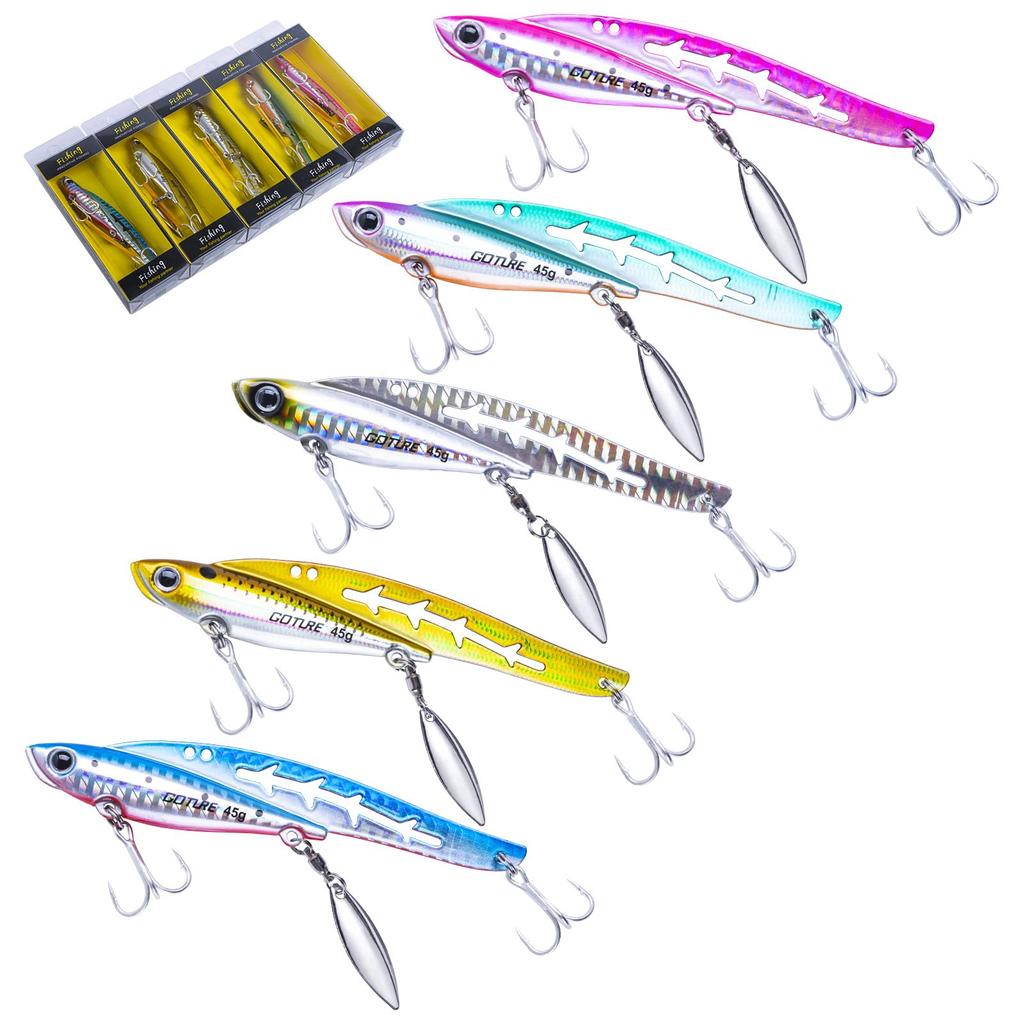 Goture Blade Metal Sea Bass Set of Available in 5 Jig Spinners with Spin Tail Triple Fishing Lure Bluefish Fishing Spoon Boat Sea Yellowtail Jigs,