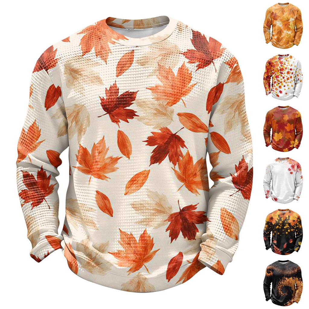 Men's Casual Fall Leaf Print Knit Neck Long Sleeve T-Shirt