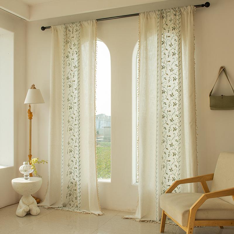 American Style Cotton Linen Fringe Embroidered Floral Semi Blackout Short Curtains for Living Room Bedroom Balcony Kitchen