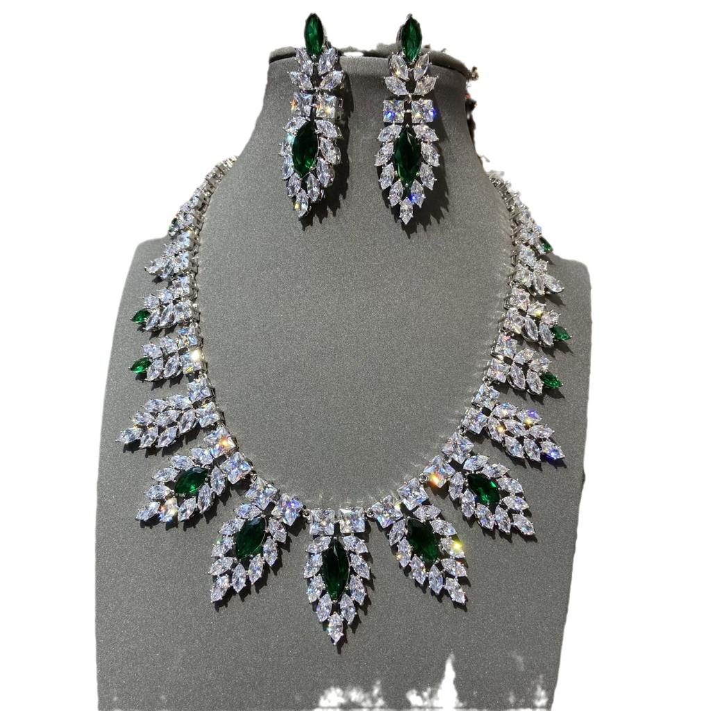 Austrian Court Peacock Emerald Water Drop Necklace Vintage Plated 18K Gold, Feather Zircon Earrings Set