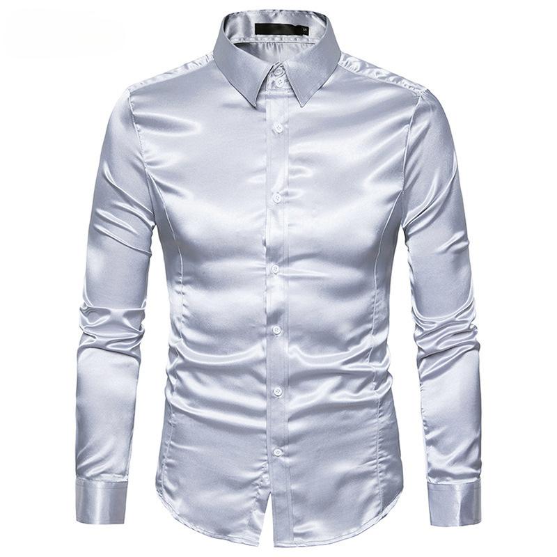Cămașă casual pentru bărbați, culoare uni, rever multicolor lucios, cămașă cu mâneci lungi mărime europeană