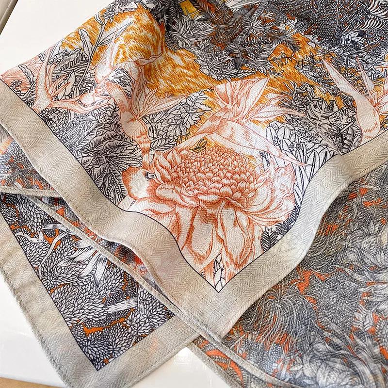 New Luxury Floral Print Velvet 70cmSquare Scarf Women Hair Headband Soft Cotton Neckerchief Female Neck Tie Lady Head Hijab Gift