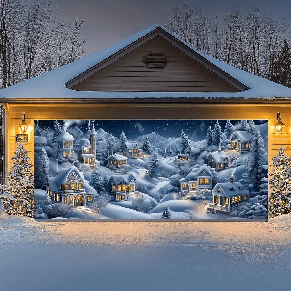1pc2D flat snow scene Christmas village garage door banner durable holiday decoration no power required wsj