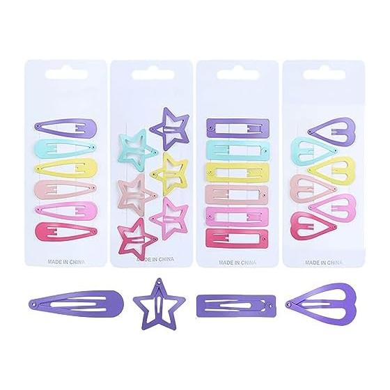 Hair pins, snap pins, hair clips, set of 24, 6 colors, colorful, stars, hearts, water drops, squares, snap hair clips, three-pin hair accessories,