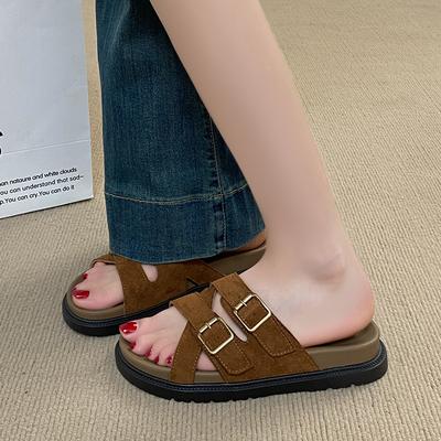 Fashion 2025 Summer Open Toe Women Flats Slippers Shoes Fashion Cross Buckle Outdoor Beach Vacation Ladies Slides