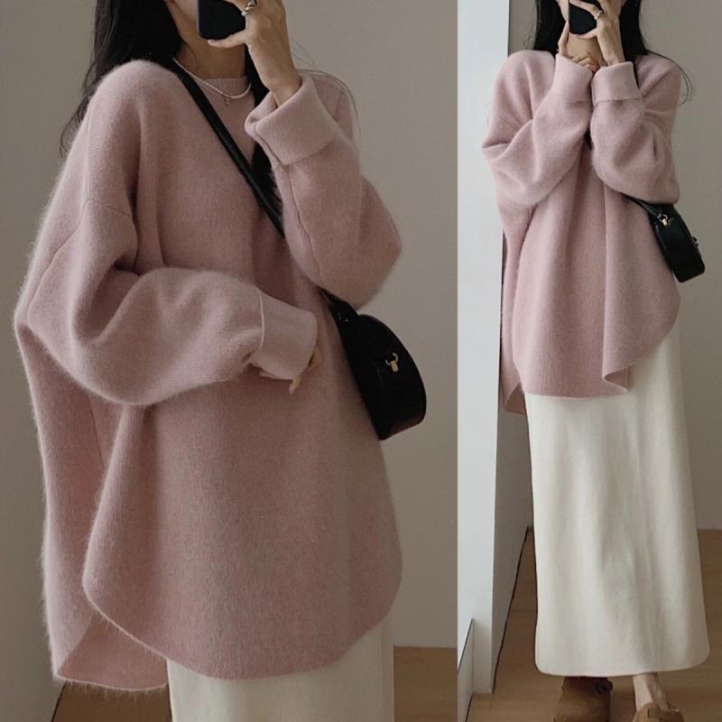 Женский однотонный свитер с круглым вырезом 2024 года, осень и зима, новый свободный утолщенный свитер средней длины, пальто, свитер, топ one size розовый