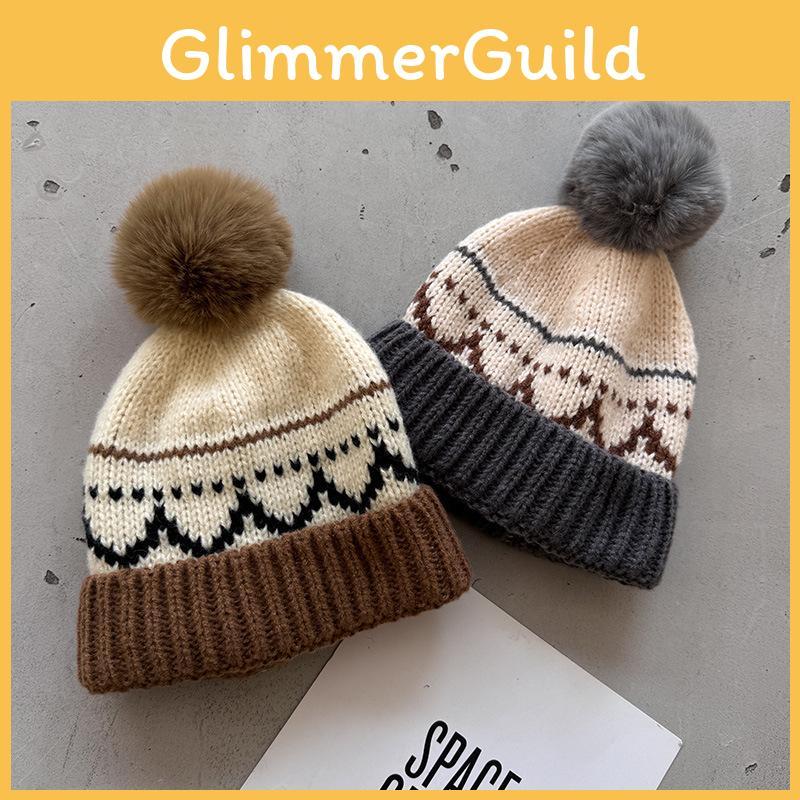 Winter Vintage Jacquard Knit Hat Women Acrylic Beanie Hat With Ball Plush