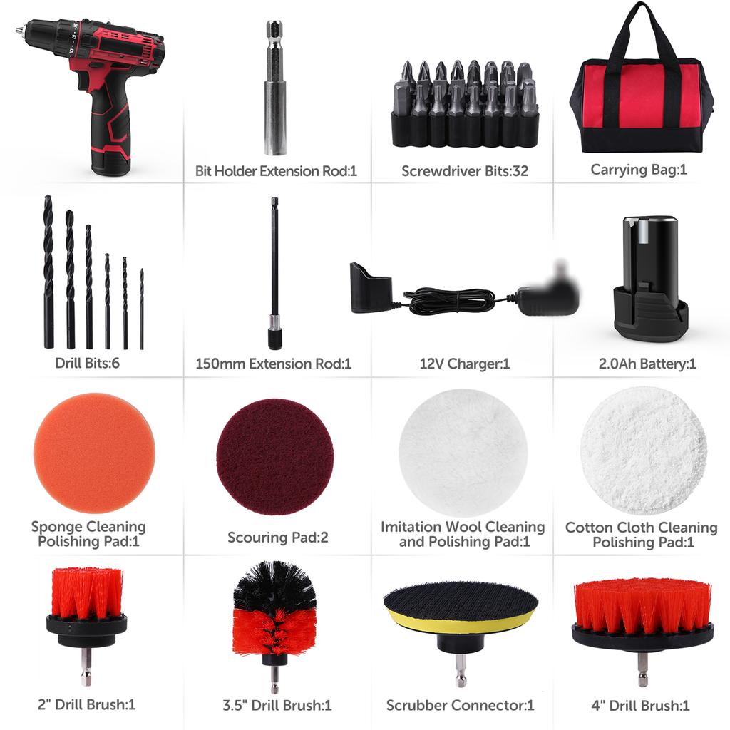 Cordless Drill Driver Kit 12V Power Drill Set 50PCS Electric Drill Brushes Set 18+1 Clutch Screw
