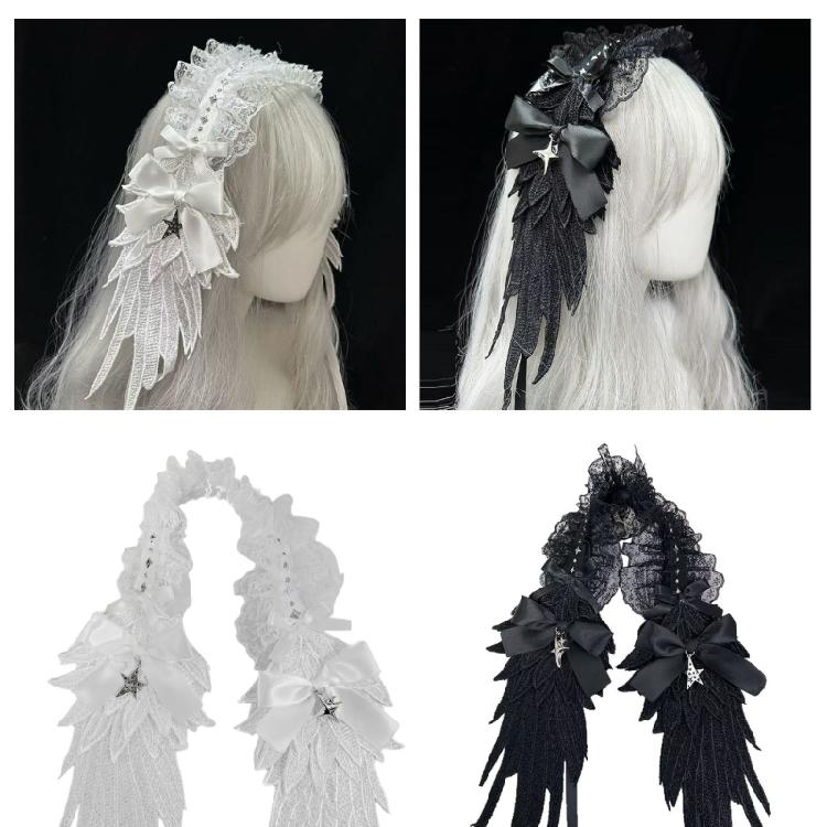 Anime-Themen-Event Spitze Rüschenbesatz Stirnband Schleife Haarband mit Engelsflügel Stern Für Rollenspiel-Partys Und Kostüme