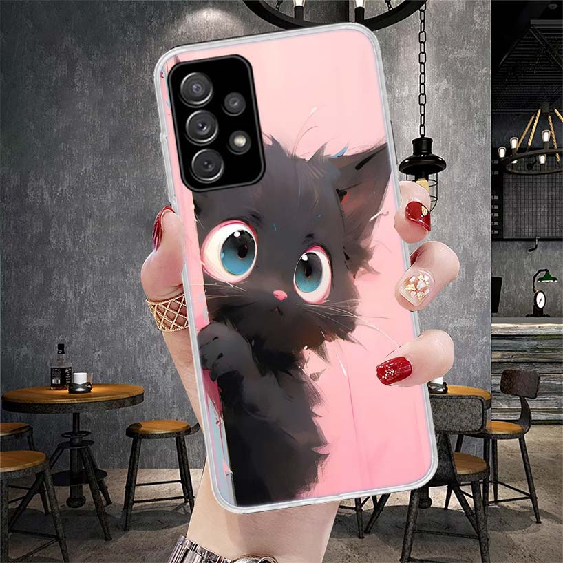Anime Cute Black Cat Meow Phone Case For Samsung Galaxy A13 A14 A15 A16 A17 A53 A54 A55 A56 A57 A33 A34 A35 A36 A37 A23 A24 A25