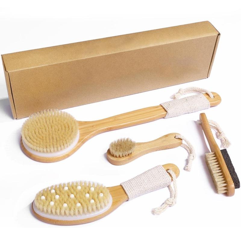 4pcs Boar Bristle Bath Brush Set Body Brush Set Exfoliating Dry Body Brush Facial Massage Brush