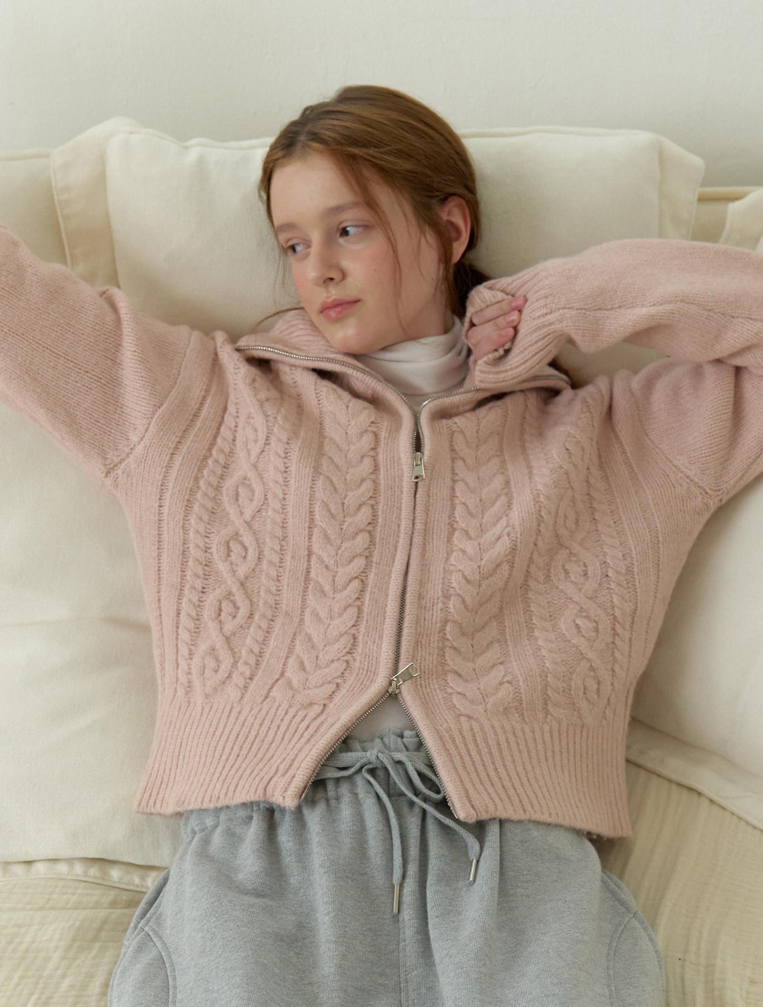 Cluny Wool Two Way Zipup Knit Cardigan - Pink Pink/Free
