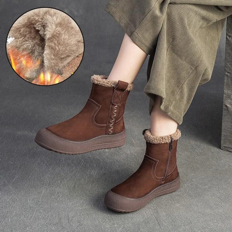 Johnature Plush Warm Retro Genuine Leather Thick Bottom Short Boots Versatile Soft Soled Women's Shoes