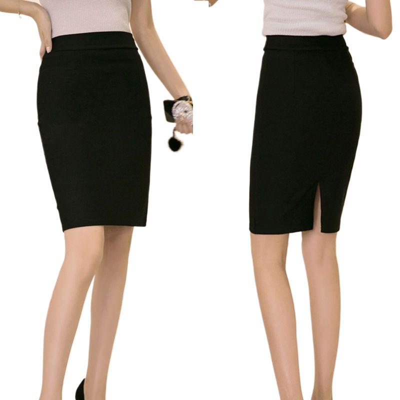 High Waist Slimming Midi Pencil Skirt with Elastic Waistband and Hip-Hugging Slit