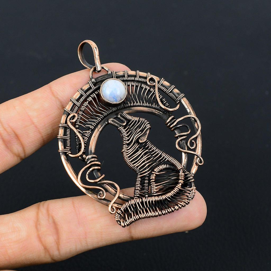 Mondstein-Edelstein, reiner Kupferdraht, umwickelt, handgefertigter Anhänger-Schmuck für Weihnachtsgeschenk