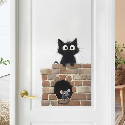 Cartoon Zwarte Kat Muis Slaapkamer Studeerkamer Deur Thuis Muur Achtergrond Verfraaiing Decoratie Muurstickers