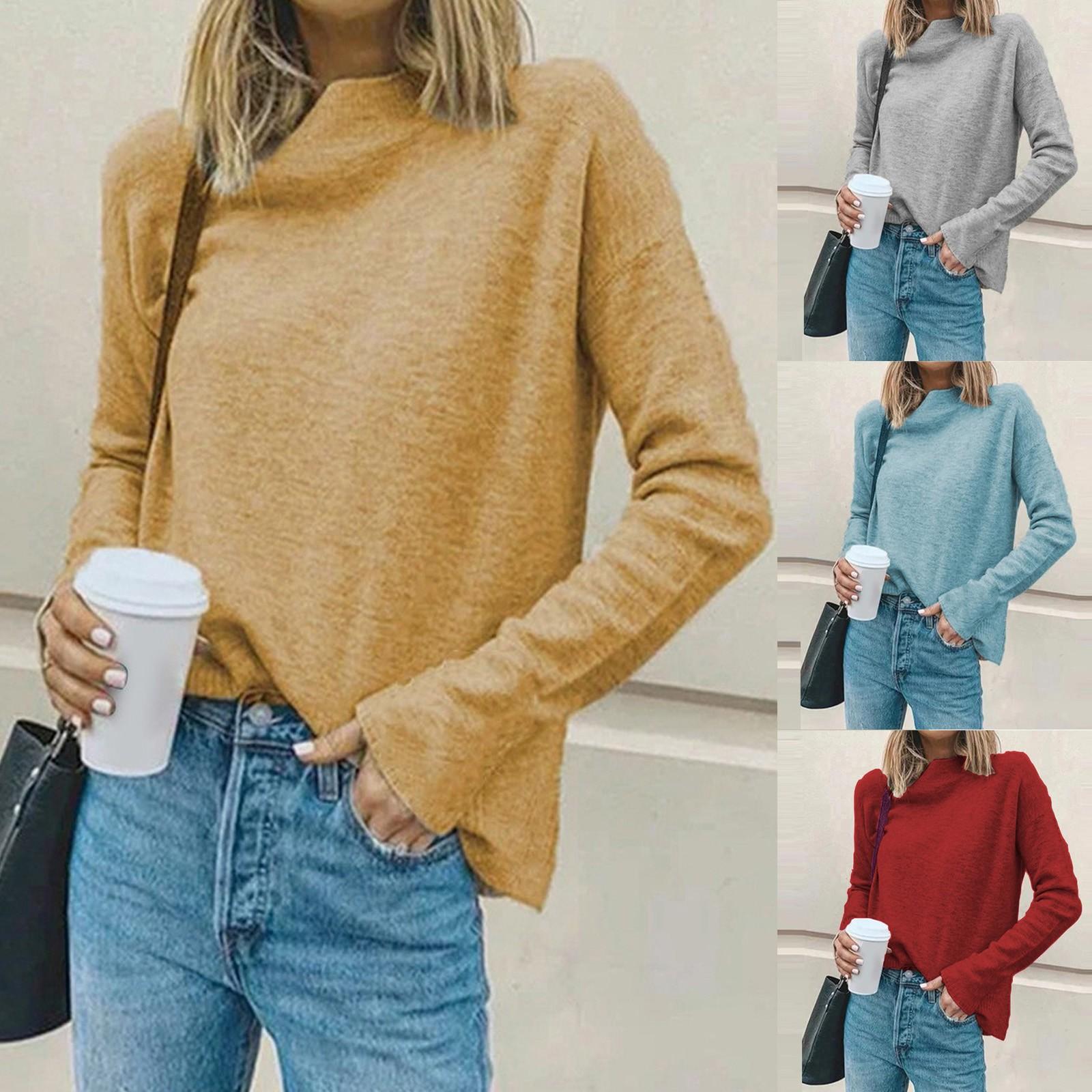 

Womens Fashion Long Sleeve High Collar Color Casual Elegant Pullover Tops